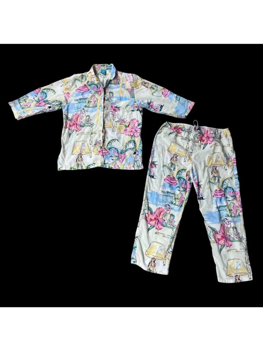 Womens Cotton Pajama Set PJ Salvage Tropical Hula Girl Beach Size Small READ - Picture 2 of 15